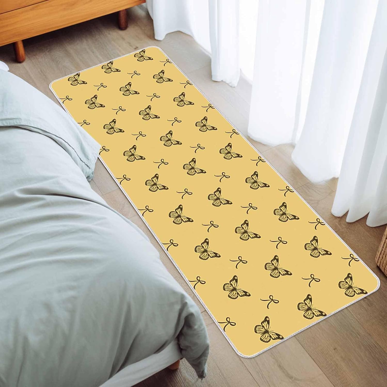 Spring Butterflies Bow Kitchen Rug and Mat,Washable Floor Mats Standing Cushioned Set of 2,Yellow Background Slip-Proof Doormat Runner Rugs for Indoor Bathroom Laundry Sink