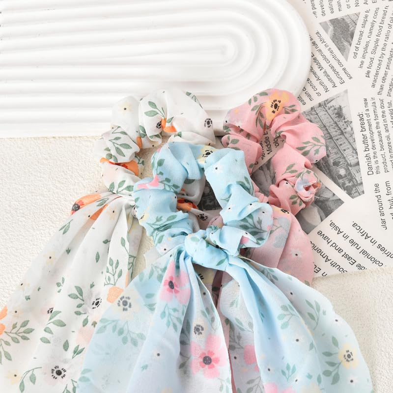 Hair Scarf Scrunchies with Ribbon Tails for Women Girls Flower Printing Hair Scrunchy Scarf Hair Ties for Teen Girls Knotted Bow Hair Elastics Chiffon Ponytail Holder for Women 3 Pcs - Image 3