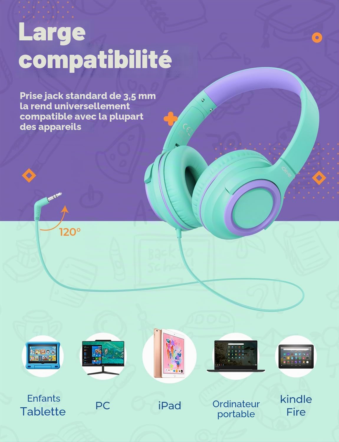 iClever Casque Audio Enfants, Volume Sécurisé Limité 85 dBA – Casque pour Enfant Filaires avec Répartiteur de Partage, écouteurs Stéréo Pliables sans Enchevêtrement pour l'école/Tablette/Voyage