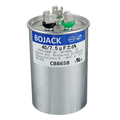 BOJACK 45+7.5 uF 45/7.5 MFD ±6% 370/440 V AC CBB65 Condensador de arranque circular de doble ejecución para funcionamiento del motor de CA o