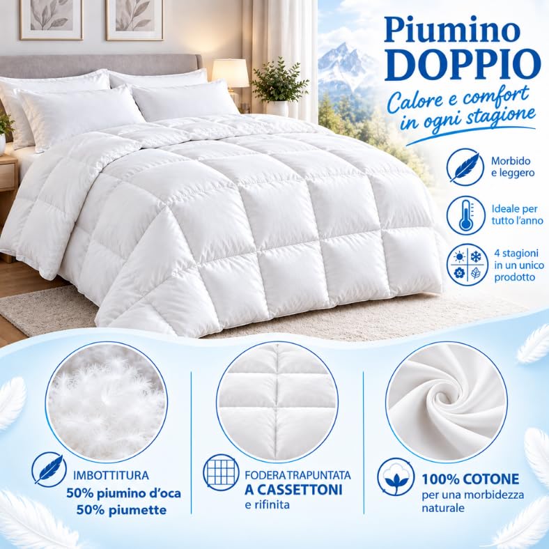 Tata Home Piumino 4 STAGIONI d'Oca Matrimoniale Dal Trentino Piumone Letto Caldo e Soffice Trapunta Annuale Imbottitura D'Oca Naturale Doppio Piumino Misura 250x200 cm Bianco