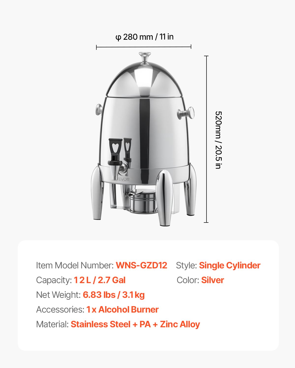 VEVOR Dispensador de Bebidas de Acero Inoxidable 12 L con Quemador de Alcohol, para Café, Té y Agua Caliente, con Grifo para Hielo, Ideal para Restaurantes, Hoteles y Fiestas, 280 x 280 x 520 mm