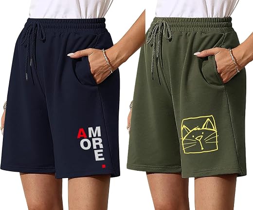 hotfits Women's Cotton Relaxed fit Shorts, Elastic Waist night Shorts with 2 side Pockets - Pack OF 2