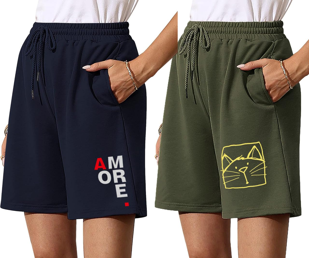 Women's Cotton Relaxed fit Shorts, Elastic Waist night Shorts with 2 side Pockets - Pack OF 2