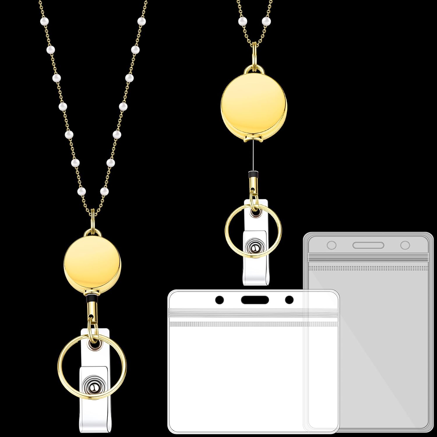 1 Pcs Lanyards for ID Badges Necklace with 2 Pcs ID Holder,Fashion Chain Stainless Steel Lanyard Necklace Retractable Cute Gold Name Badge Holder for Women Teacher School(Pearl)