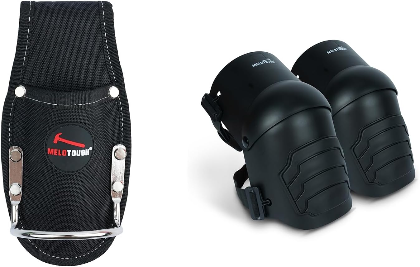 MELOTOUGH Plier Holster Tool Holder and Heavy Duty Steel Loop Hammer Holder for Tool Belt Work Organizer Pocket,Knee Pads for Work,Construction,Flooring,Gardening-Comfortable and Flexible(Black)