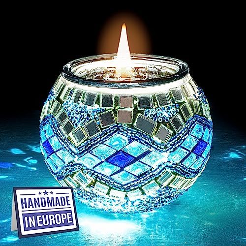 RETRAGO Mosaic Candle Holder – Blue Handmade Colorful Glass Tealight Candle Holder, Votive Candle Holder for Gift, Aromatherapy, Decor Glass Candle Holder