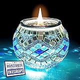 RETRAGO Mosaic Candle Holder – Blue Handmade Colorful Glass Tealight Candle Holder, Votive Candle Ho