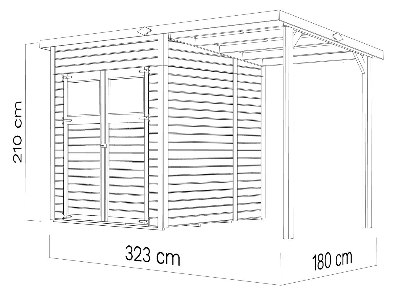 Steiner Shopping Gartenhaus Dresden 02 mit Anbaudach inkl. Fußboden, Naturbelassen - 14 mm Elementgartenhaus, Nutzfläche: 3,00 m², Pultdach