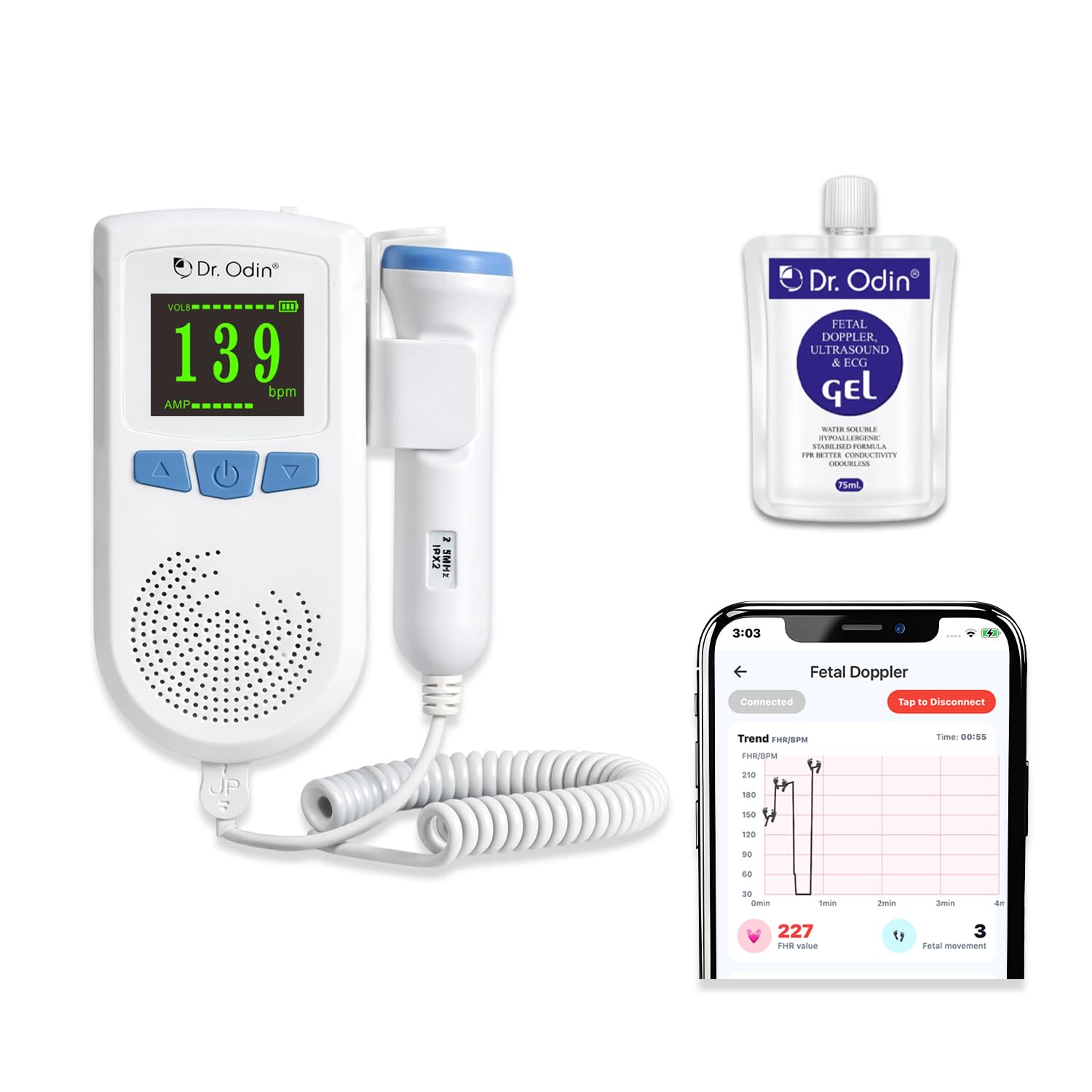 Dr. Odin OAD51B Fetal Doppler with Smart App Connectivity, Large Color LCD Display, Rechargeable Battery, Built-in Speaker, 2.5MHz Probe for FHR Monitoring, 50–240 BPM Range