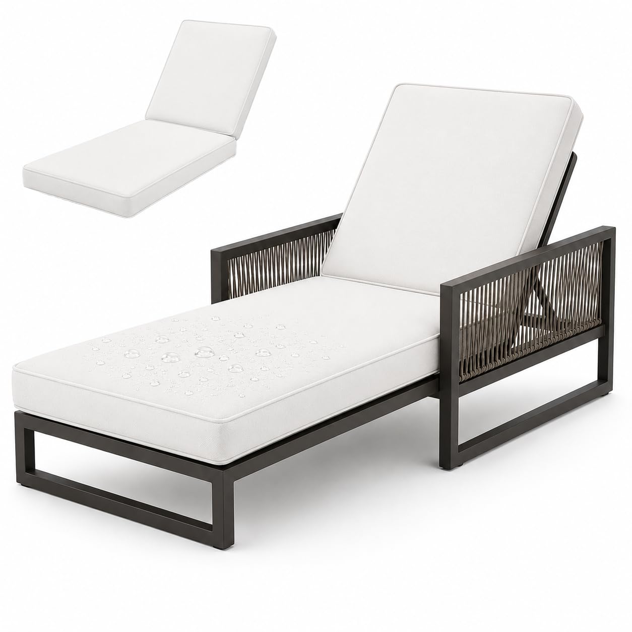 AZMAHT Sunlounger Cushions Only, Waterproof Thick Padded Sun Lounger Cushion for Garden Rattan Chairs, 50D Foam Recliner Replacement Pad with 6 Ties & Piping,White,193x56x5cm