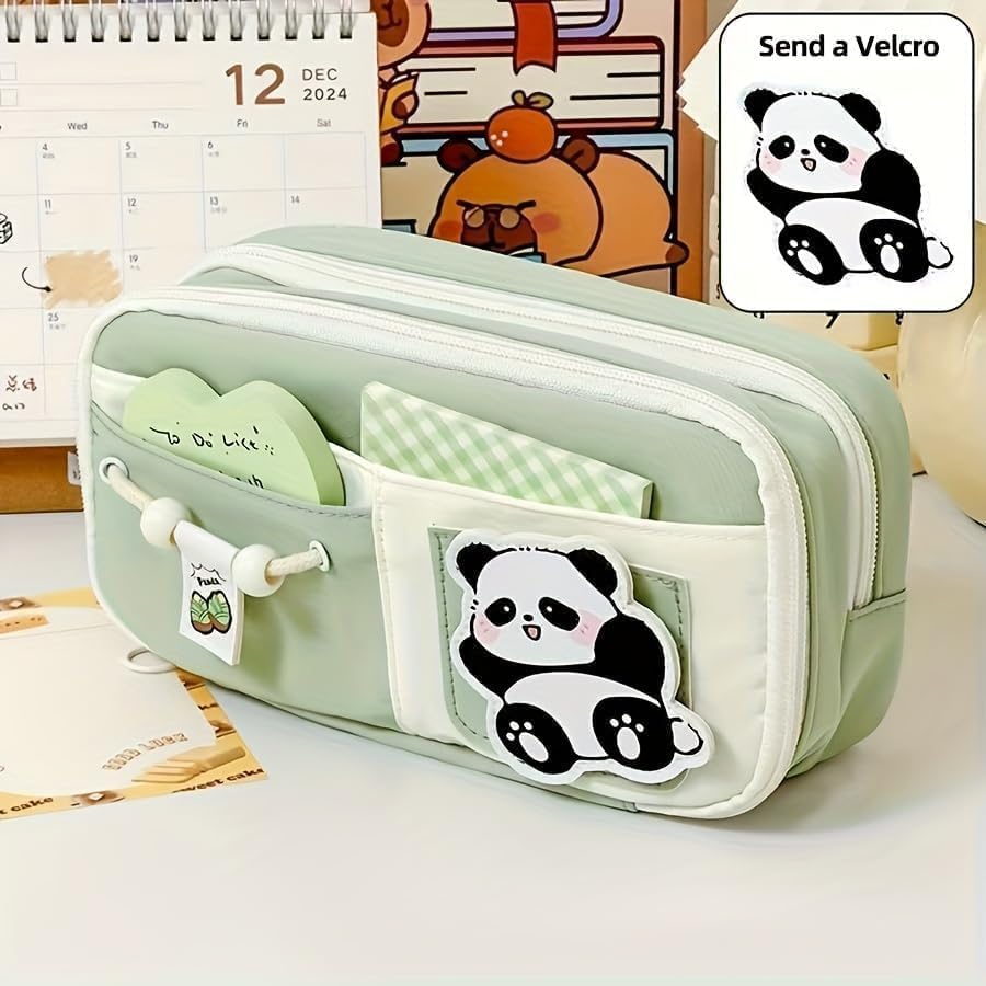 Image of Canvas School Bag Pencil Case, 3 Layer 6 Compartment Large Capacity, Aesthetic Pencil Pouch for Stationary, Cute Stationery for Kids, Pencil Case for Girls & Boys (Green Panda)