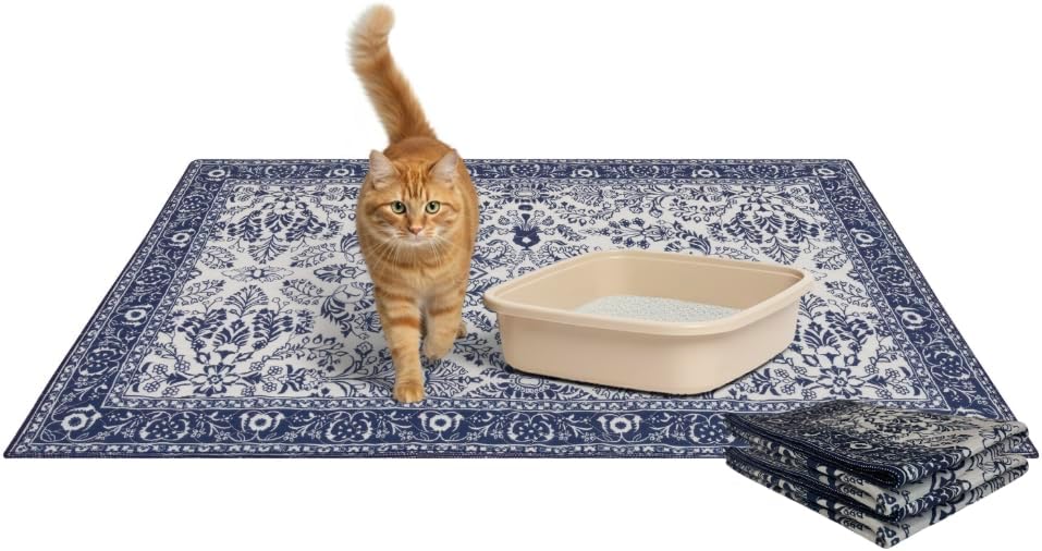 Lovewag Washable Cat Litter Trapper Mat 2 PCs – Keep Litter Off Your Floors, Gentle on Paws, 36×48 Inches Large Size, Waterproof Non-Slip Reusable Compatible with Cat Box (Indigo Garden)