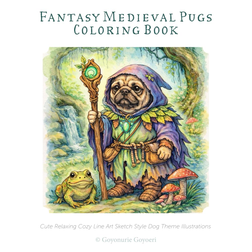 Fantasy Medieval Pugs Coloring Book: Cute Relaxing Cozy Line Art Sketch Style Dog Theme Illustrations