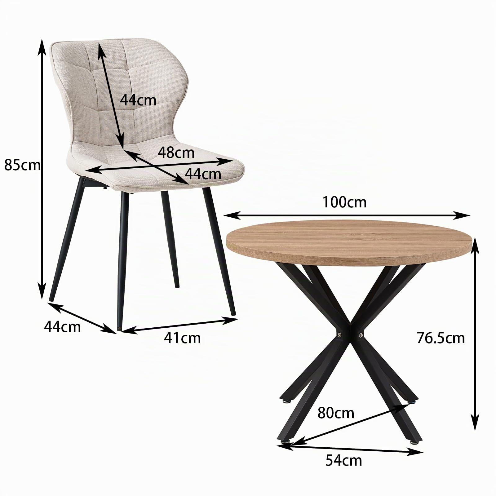 Modernes Esstisch-Set mit Stühlen, 100 cm Runder Esstisch in Heller Holzmaserung + 4 Beigefarbene Leinenstühle mit Metallbeinen