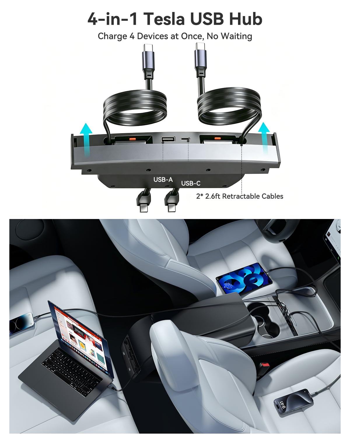 YONZEE Hub USB per caricabatterie per telefono 4 in 1 per Tesla Model Y 2021-2024 e Model 3 2021-2023, ricarica rapida da 27 W, docking station per console centrale con 2 cavi retrattili da 0,8 m e 2