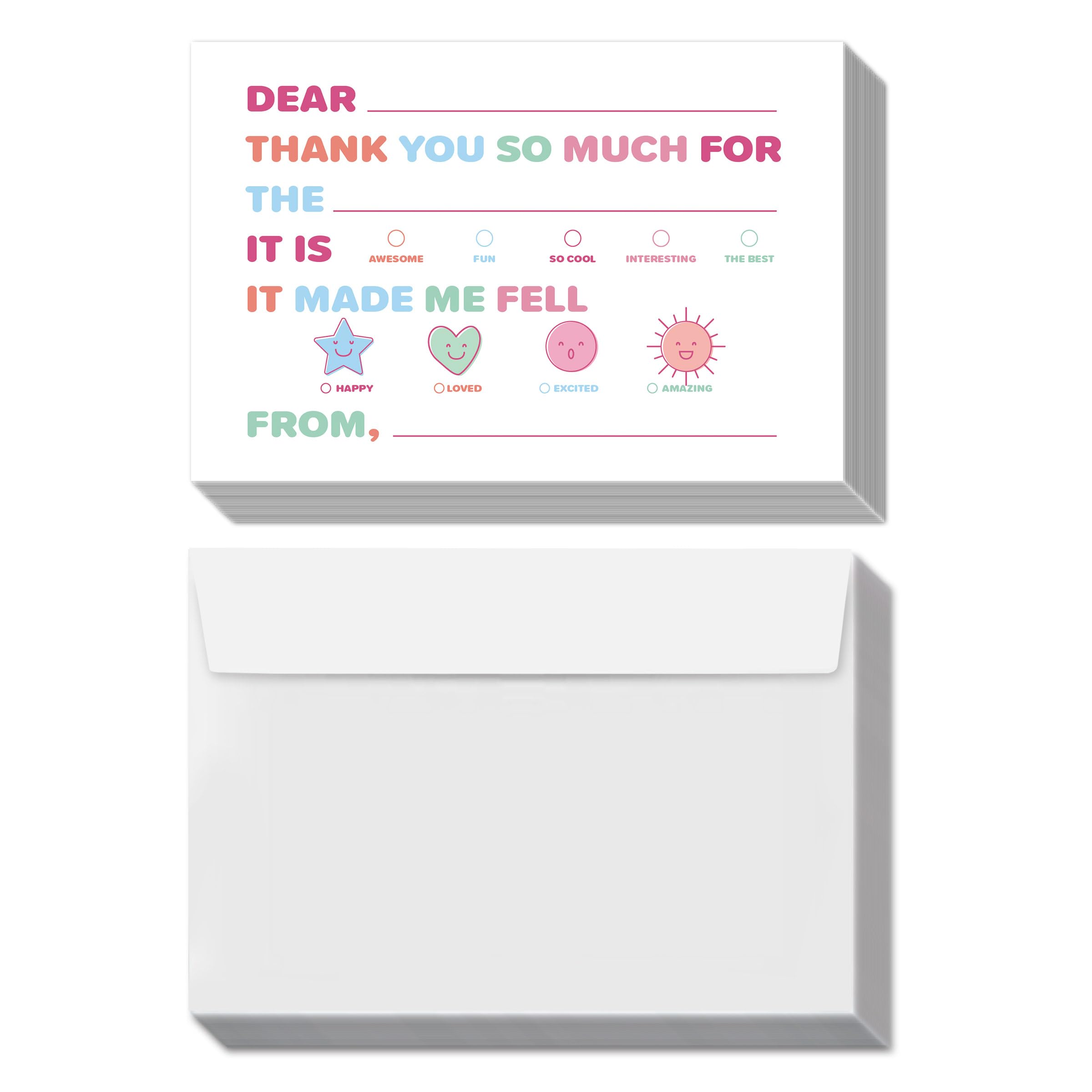 Photo 1 of Fill in the blank Thank You postcard - 25 card sets, Colorful emoticon cartoon thank you card with envelopes, Birthday Thank You Cards, For teachers, classmates, friends, 4x6 inches-16