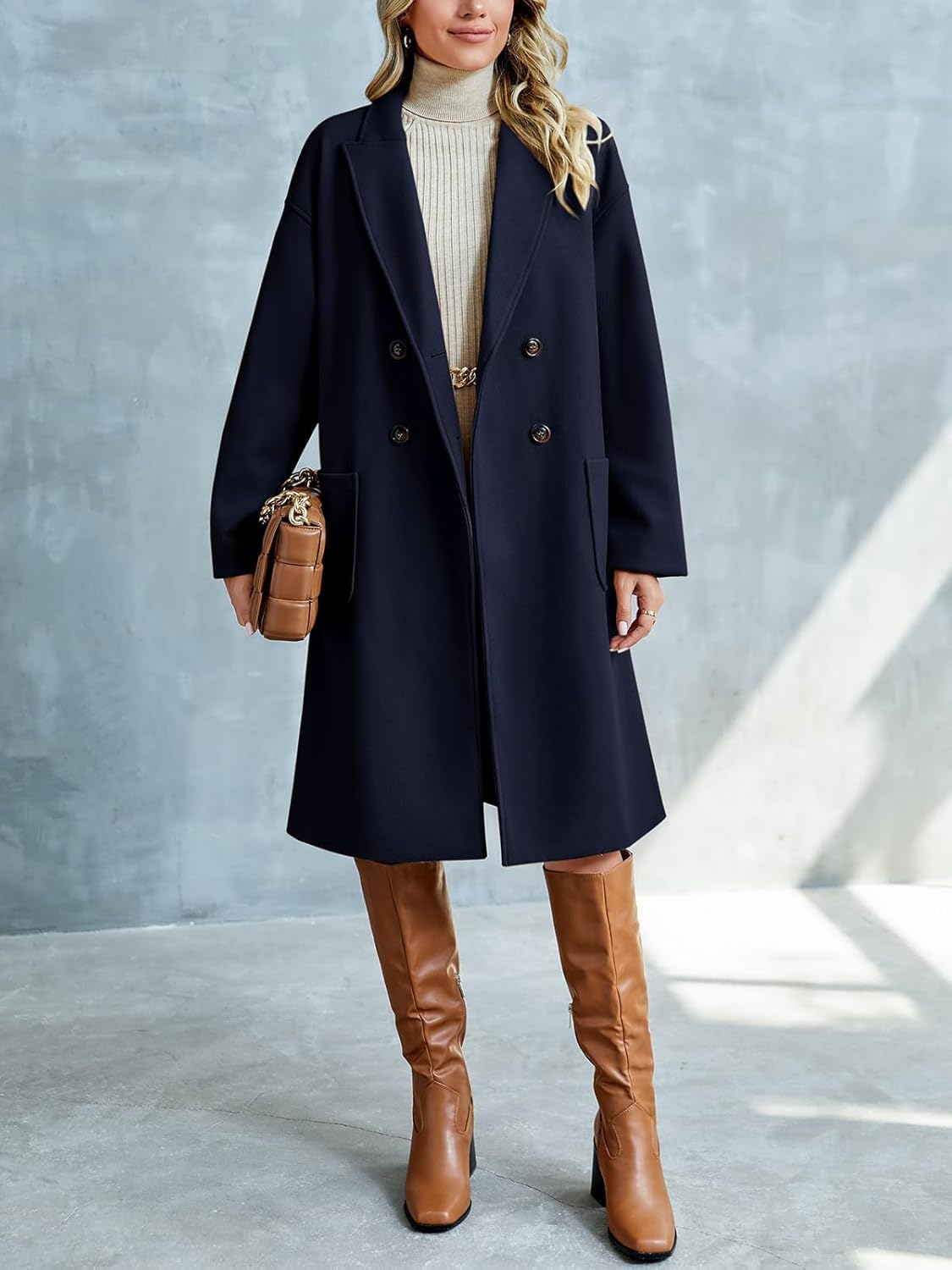 FSHAOES Womens Lapel Peacoat Winter Double-Breasted Outerwear Mid Long Jacket Casual Trench Coat - Image 2