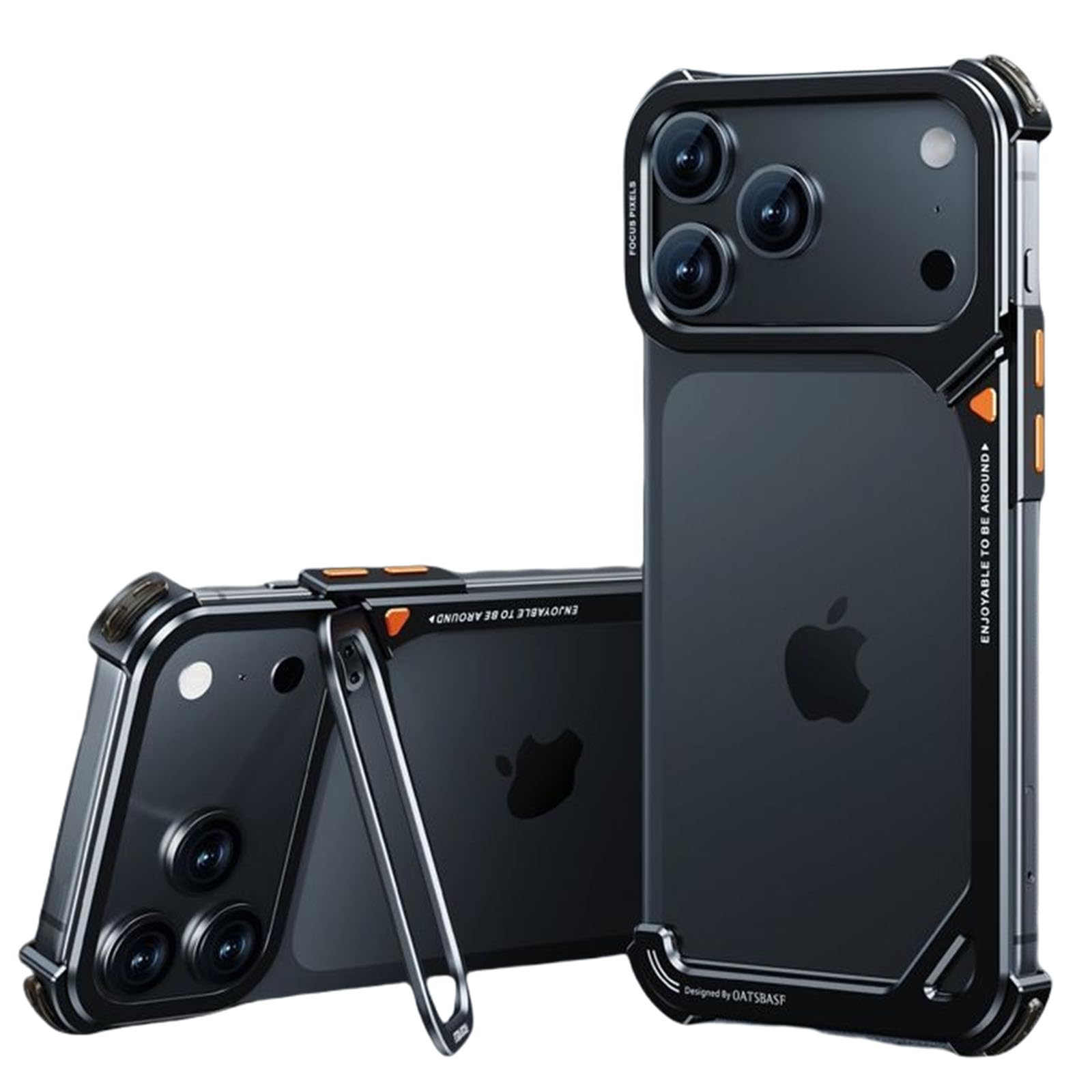 Coque iPhone 17 Pro Max squelette alliage aluminium noir anti-chute avec support discret