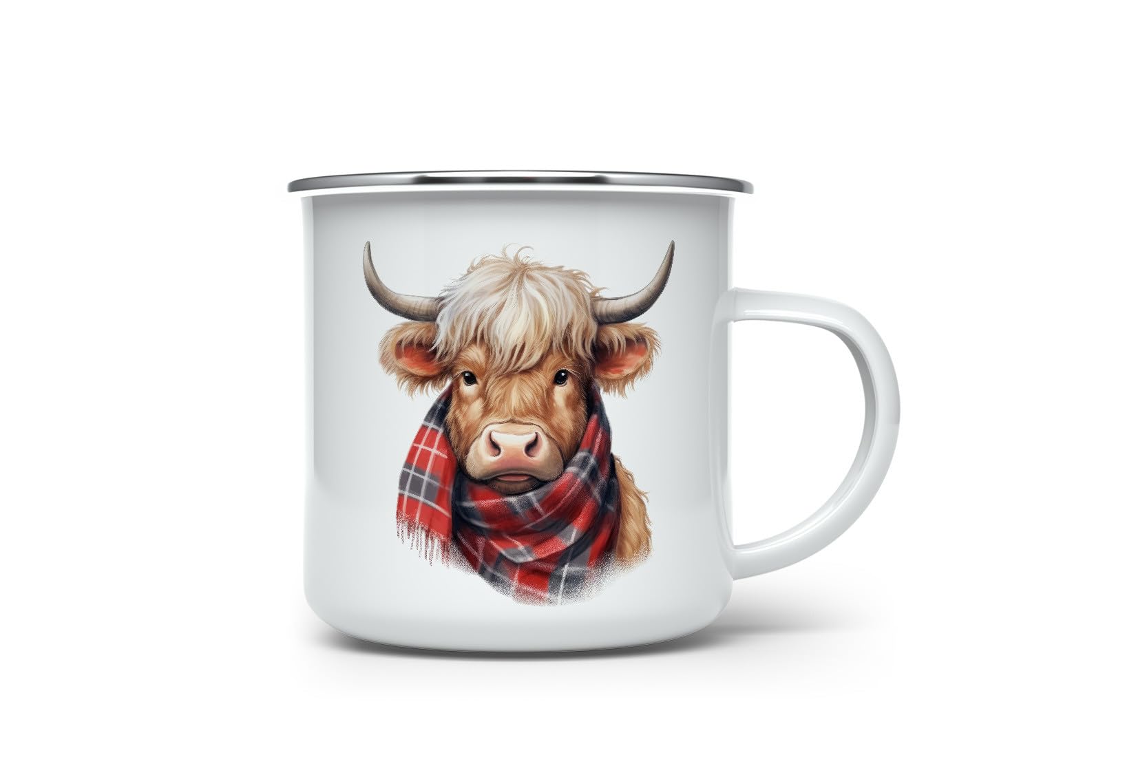MAXIKIWI - Durable Enamel Coffee or Tea Camping Mug for Indoor Outdoor Use - Red Plaid Christmas Highland Cow - 350ml