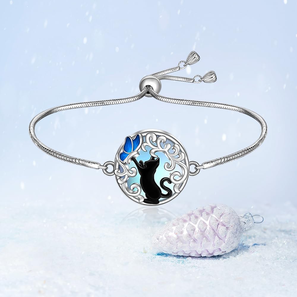 Fenthring Black Cat Bracelet Filigree Moonstone Filigree Butterfly Cat Bracelets for Women Sterling Silver Halloween Cats Lover Gifts - Image 8