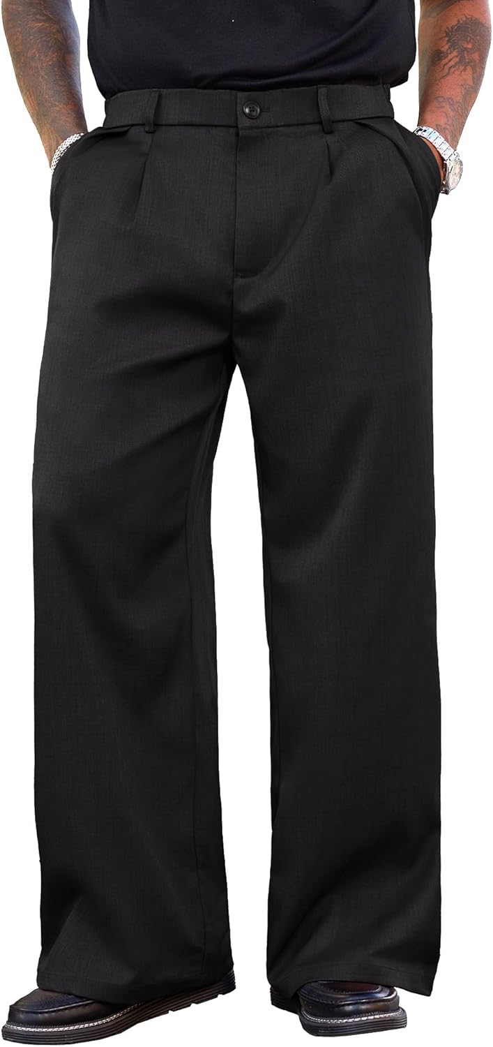 PLEPAN Men's Wide Leg Dress Pants Baggy Pleated Casual Trousers Relaxed Fit Elastic Waist Business Slacks