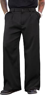 PLEPAN Men's Wide Leg Pleated Dress Pants - Relaxed Fit Baggy Trousers Elastic Waist Business Casual Slacks