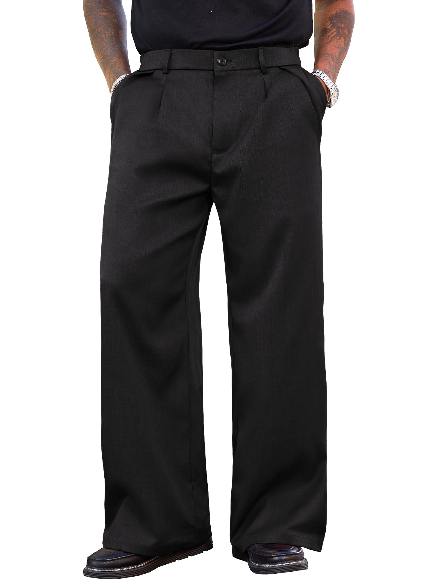 PLEPAN Mens Wide Leg Dress Pants Baggy Pleated Casual Trousers Relaxed Fit Elastic Waist Business Slacks