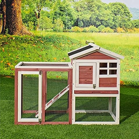 Indoor Outdoor Rabbit Hutch,Wooden Chicken Coop,Bunny Cage Hen House with Run, Ventilation Door,Deeper No Leakage Removable Tray,Ramp(46.6 x 24.6 x 36.2 inches)(Auburn) Cover