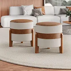 Kit 2 Puff dallas Couro Caramelo Linho Bege Pés De Madeira
