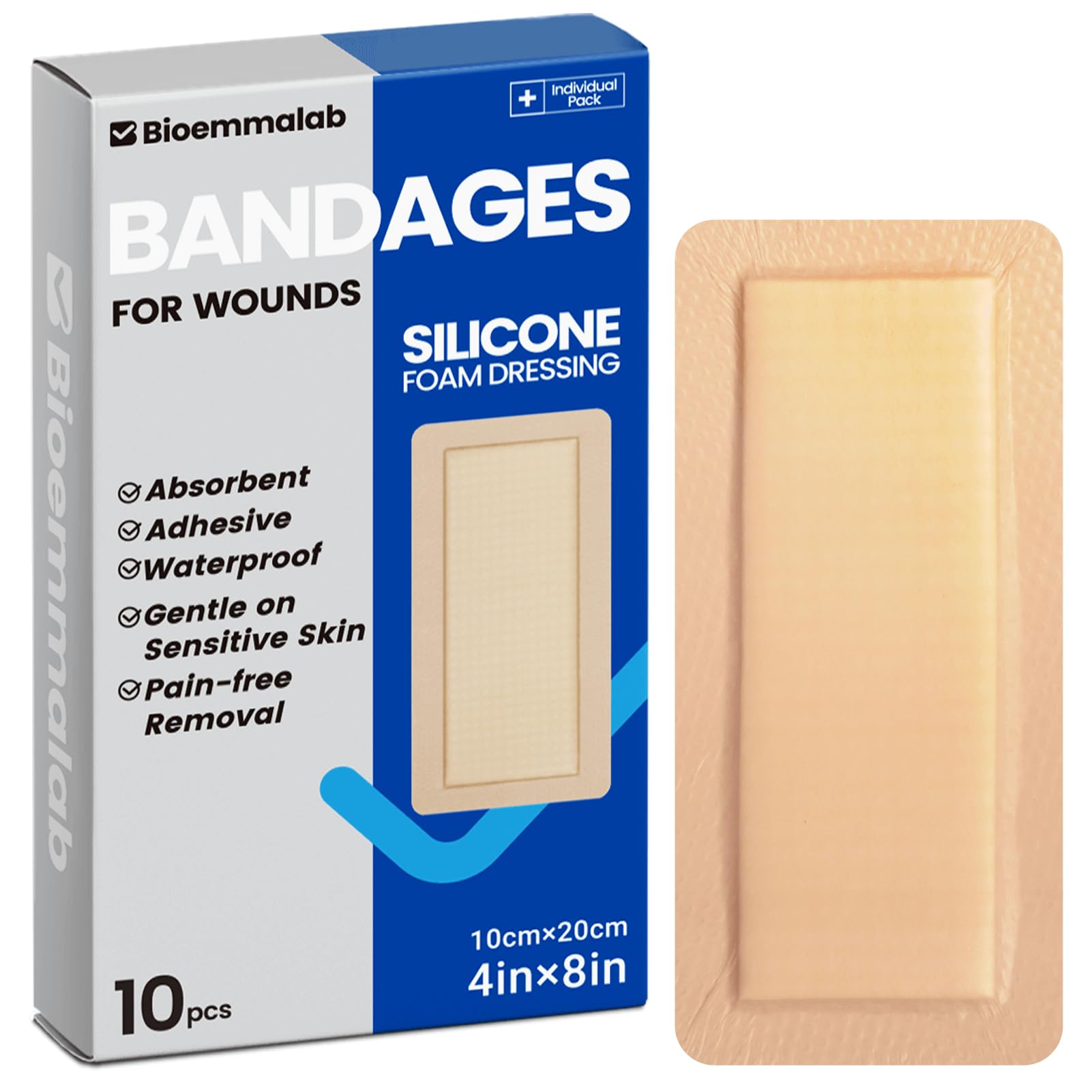 Large Waterproof Bandages 4x8 Silicone Foam Dressing Sensitive Skin, 10 PCS