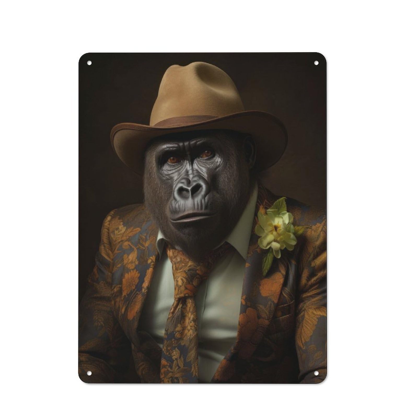 Junmoney Gorilla In Boho Suit Rustic Metal Sign 40X30cm Featuring For Hallway Wall, For Collectors Decorating Hallways And Entrance Areas