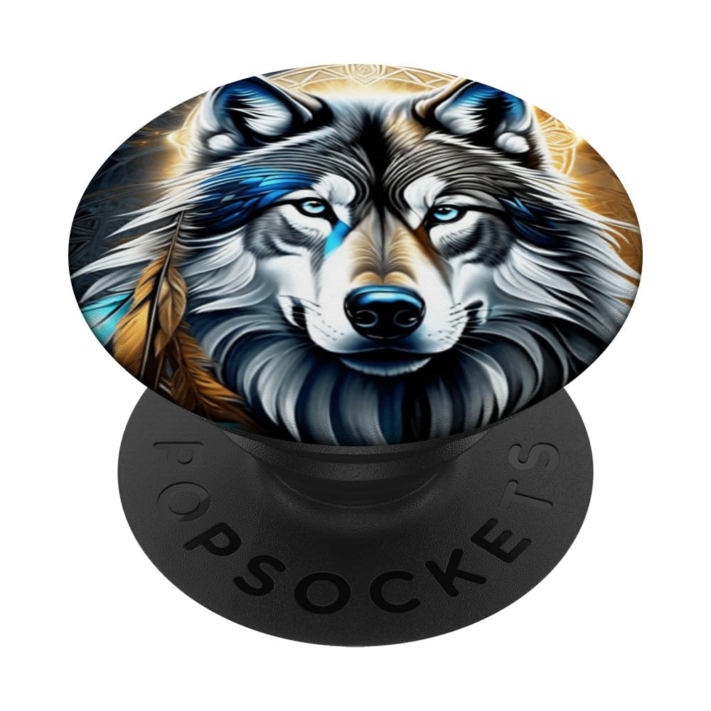 Alpha Wolf Fantasy Dreamcatcher Bohemian Metaphysical PopSockets Swappable PopGrip, Black