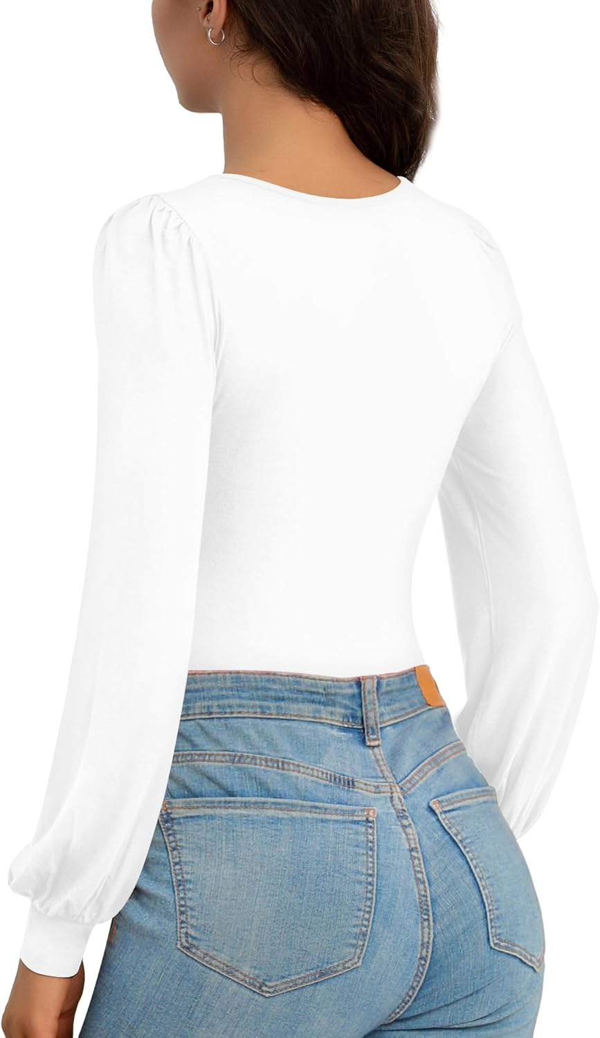 CLOZOZ Square Neck Womens T Shirts Puff Sleeve Shirts for Women Long Slim Fitted Tee Tops - Image 3