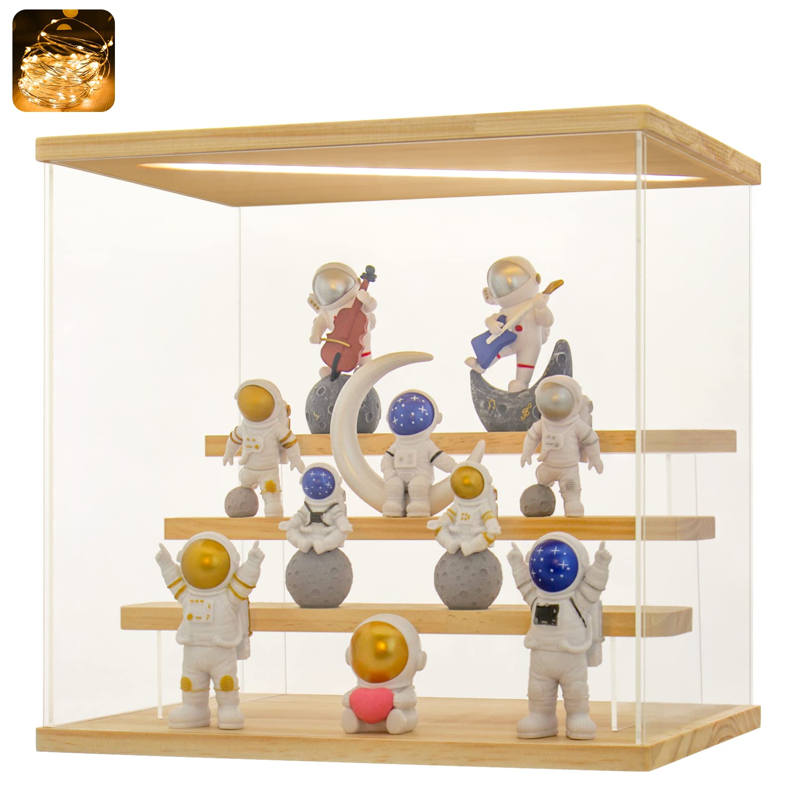 Huijintao Clear Acrylic Display Case with Light for Collectibles, 4 Tier Wood Base Assemble Box Storage Box Dustproof Showcase for Toys Collectibles（4Tier 11.8*8.6*11inch）