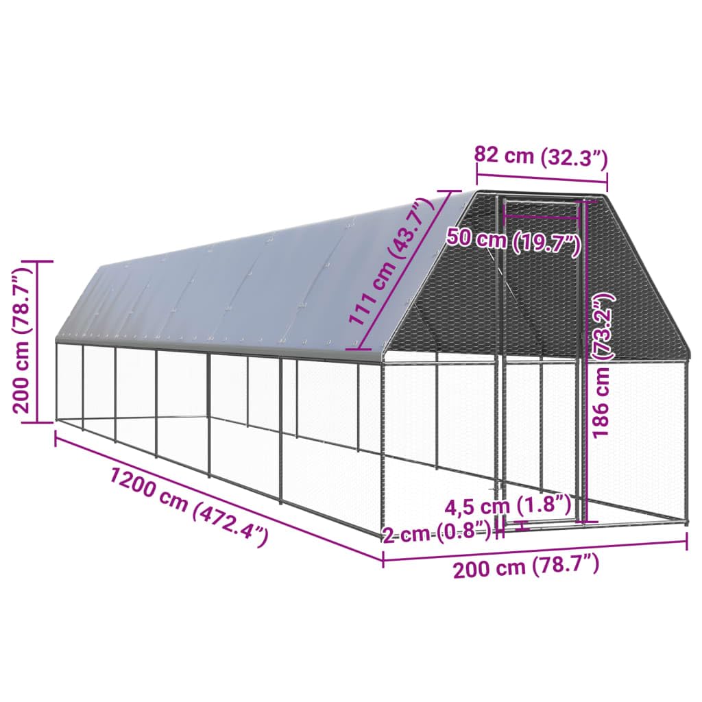 Zewnętrzna klatka dla kurcząt z ocynkowanej stali, 2 x 12 x 2 m, z wodoodpornym dachem i zamkiem, stabilna wylewka dla kur, królików, świnek morskich, gryzoni, ogrodu i balkonu