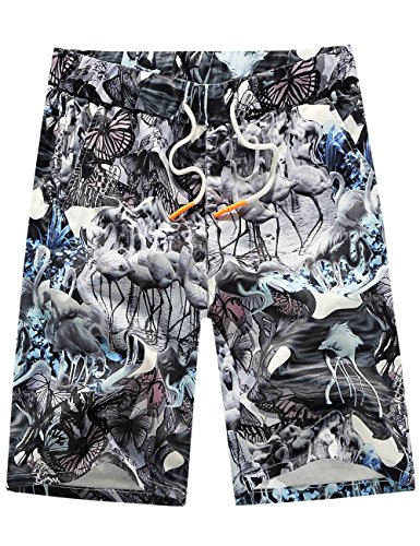 SSLR Men's Flamingos Hawaiian Board Shorts Drawstring Swim Trunks (30, Black Grey)