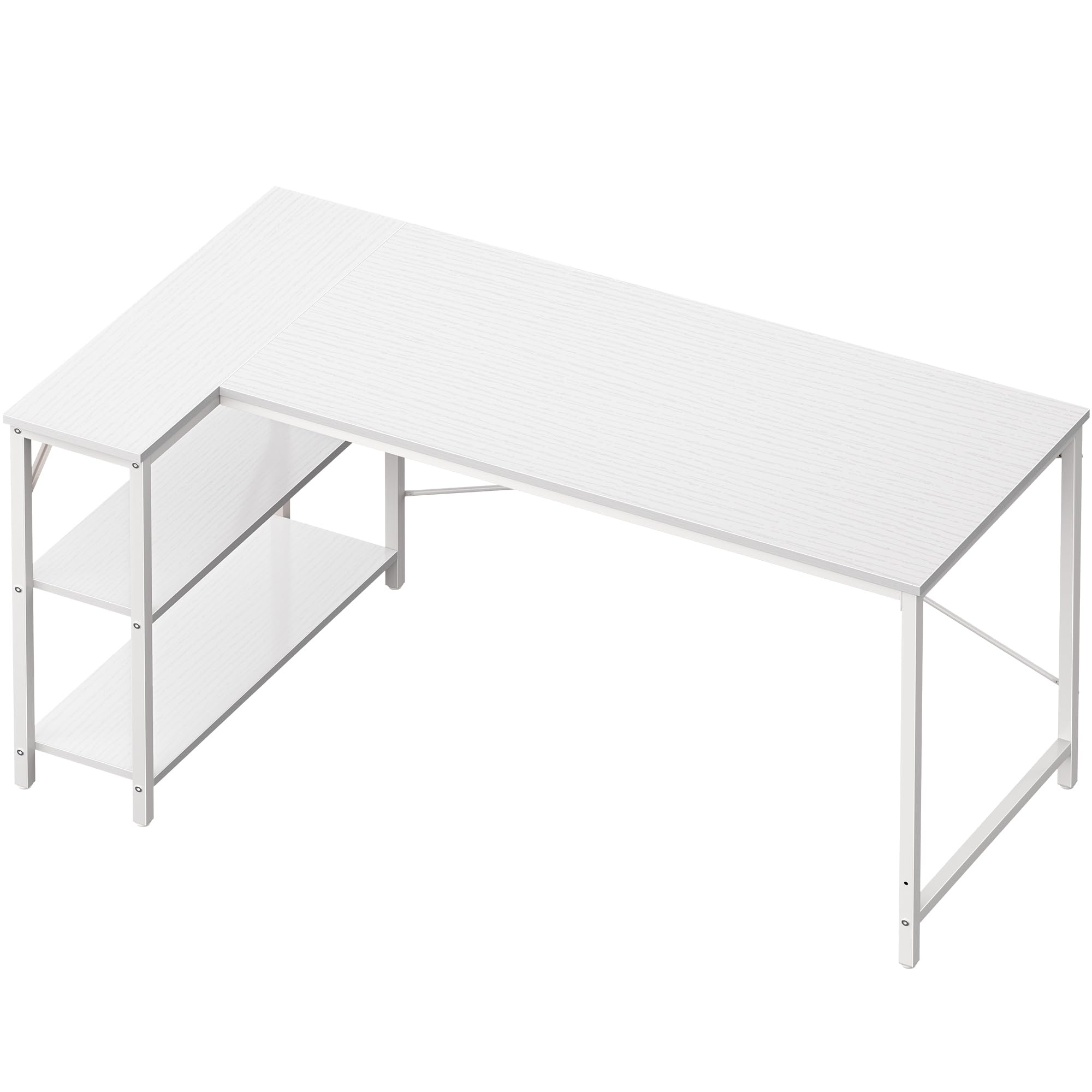 Huuger L-Shaped Desk, 55-Inch Gaming & Home Office Desk with Reversible Storage Shelves, Metal Frame, White