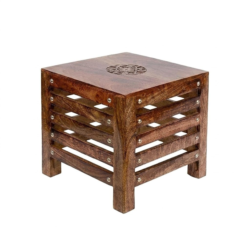 Wooden Stools for Living Room Sitting Chairs at Home with an Antique Finish | Foot Rest | Handmade Office Table | Outdoor/Indoor Decor | Multicolored Square Stool (Style 1 Natural)-image-1