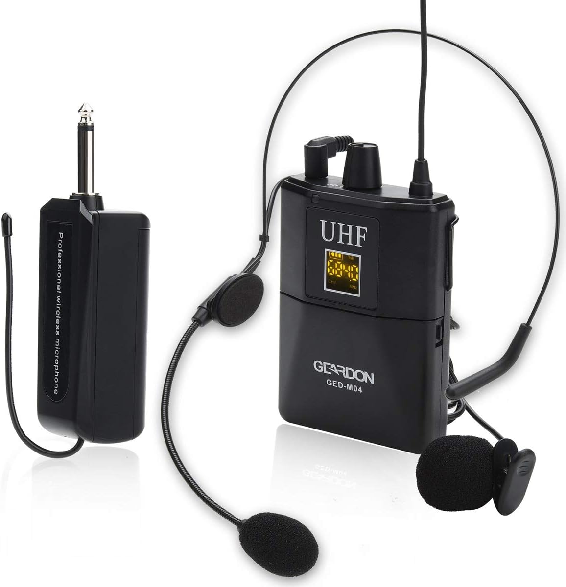 GEARDON Rechargeable Wireless Microphone System with Headset & Lavalier Lapel Mics, Wireless Microphone Set with Beltpack Transmitter&Receiver …