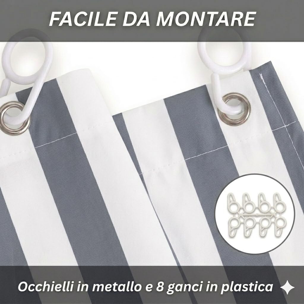 Tenda Da Sole per Esterno con Anelli e Ganci,Tende da Sole per Balconi Terrazzo con Frange, Resistente e Lavabile, Righe (Grigio, 280x300)