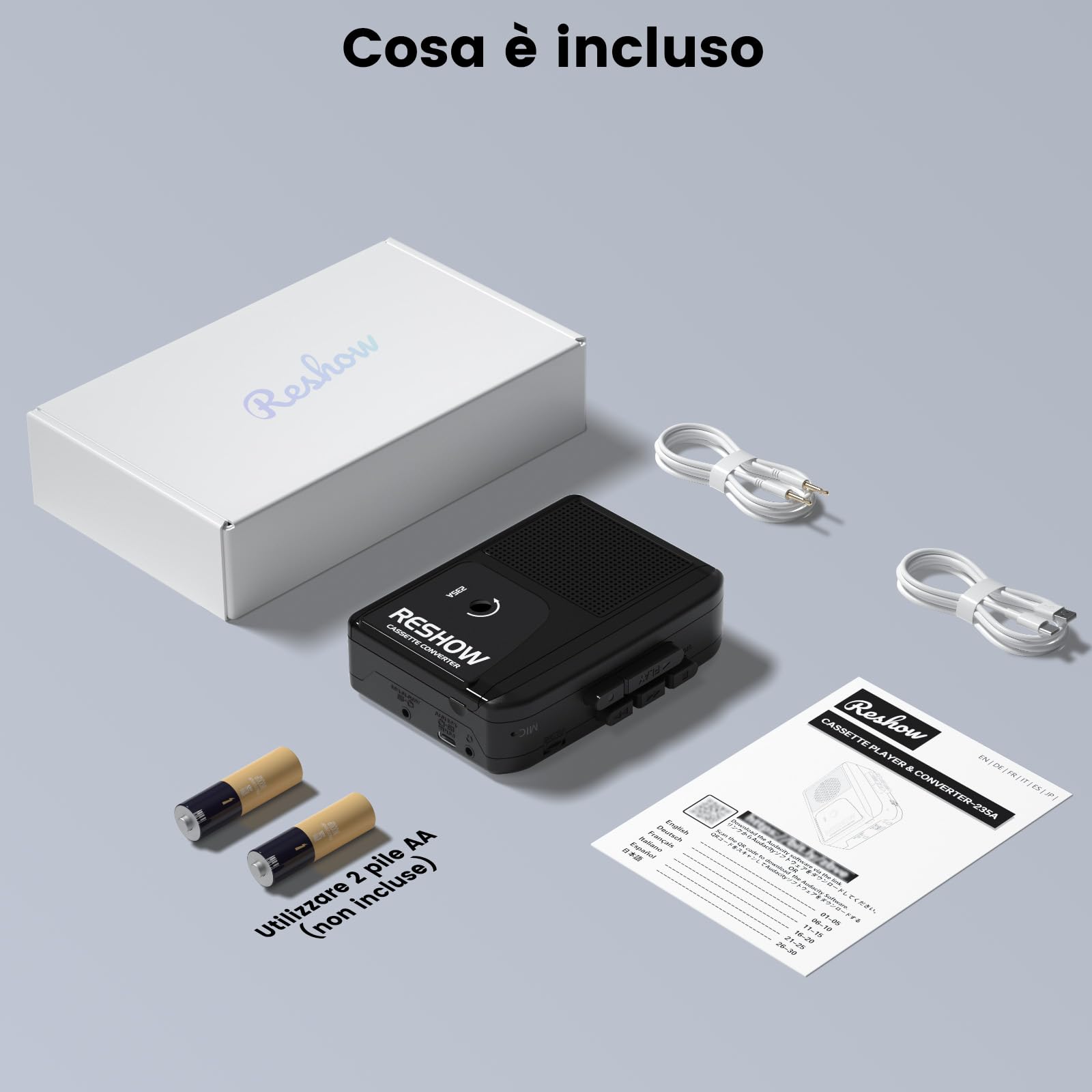 Reshow Lettore di cassette portatile con altoparlante integrato e jack per cuffie, convertitore USB a MP3, lettore di conversione digitale con suono stereo completo - nero