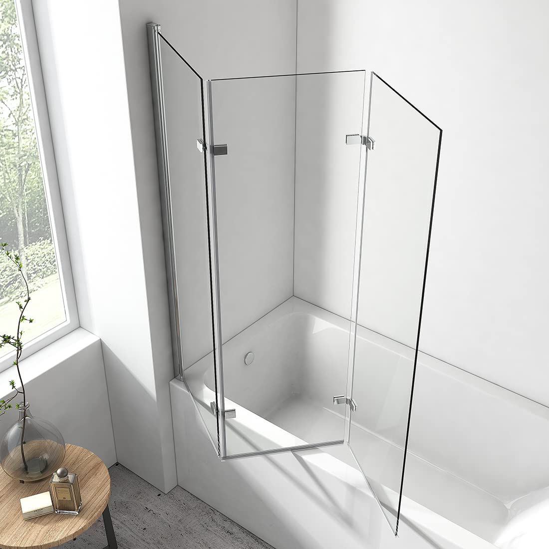 EMKE Paroi de douche pour baignoire 3 volets - 130x140 cm | Verre NANO 6 mm - Paroi pliable à 180°