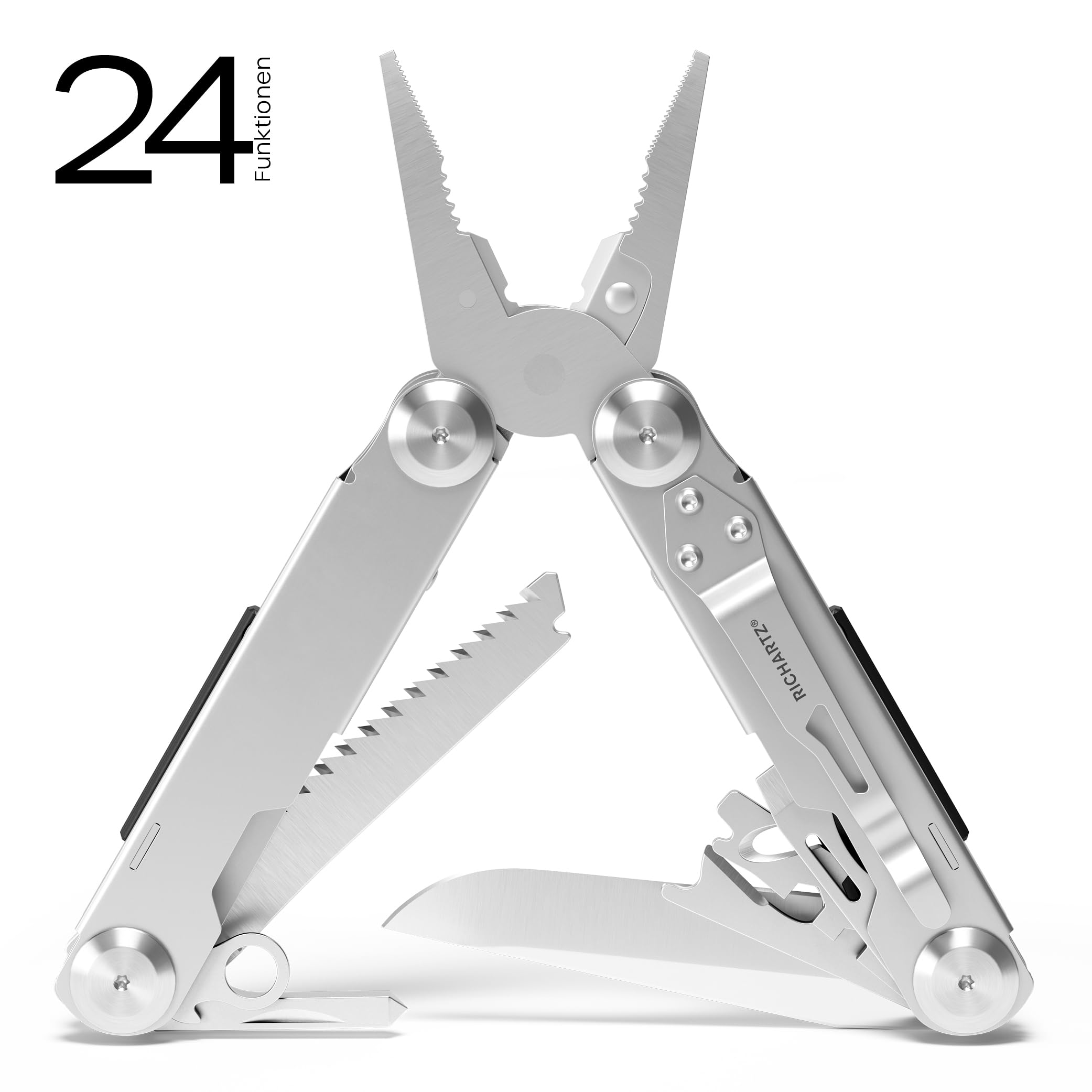 EXOTOOL 24+ | 24 Funktionen | Multitool mit Safety-Lock Verriegelung | Aus hochwertigem matt gestrahltem Edelstahl | Sicher arretierbares Multitool Werkzeug inkl. Gürteltasche