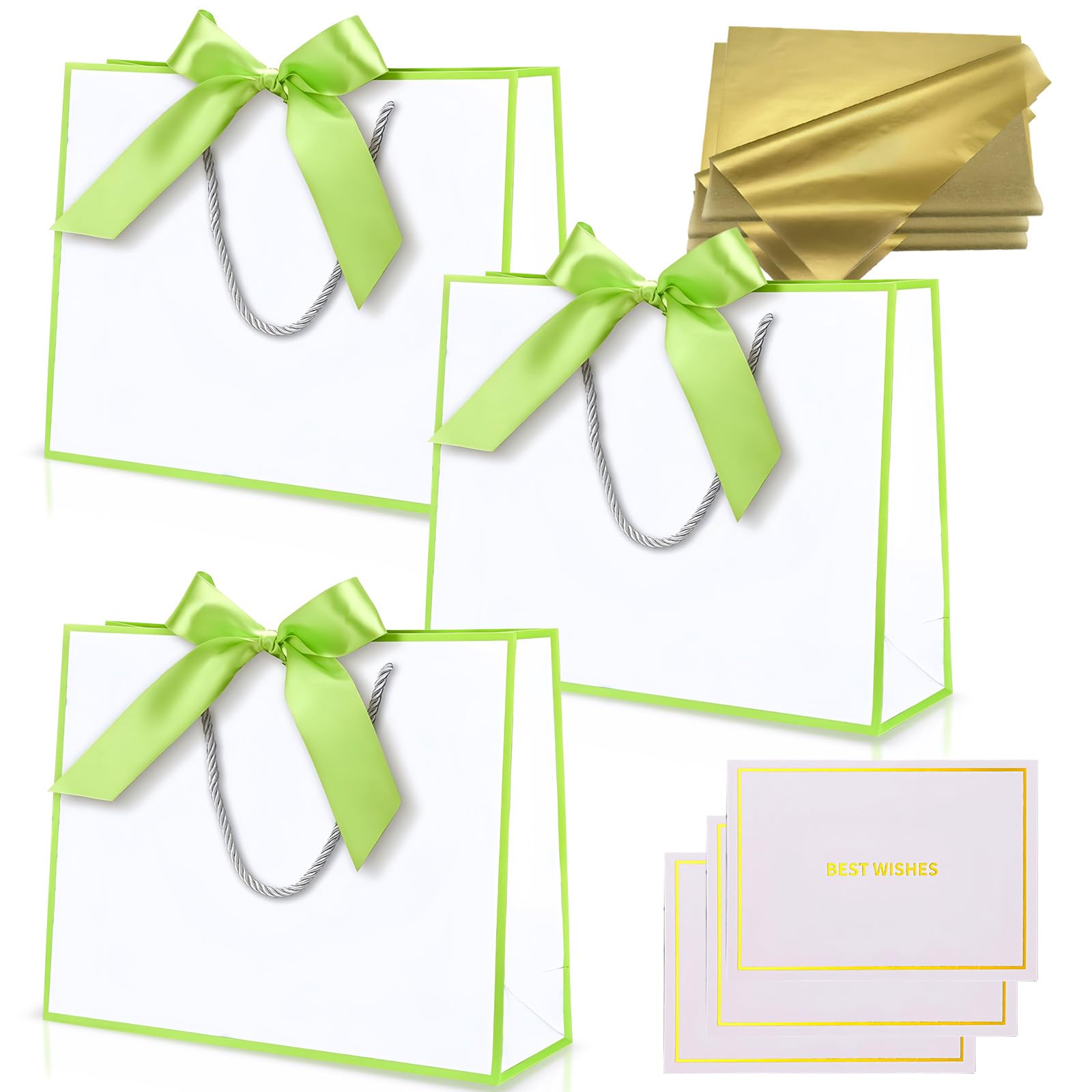 Medium White Green Gift Bags for Present,Paper Party Bags with Handles,3Pcs Birthday Gift Bag with Ribbons 6 Tissue Paper 3 Cards for Girls Women Bridesmaid Wedding Valentines Baby Shower Christmas โ image 1