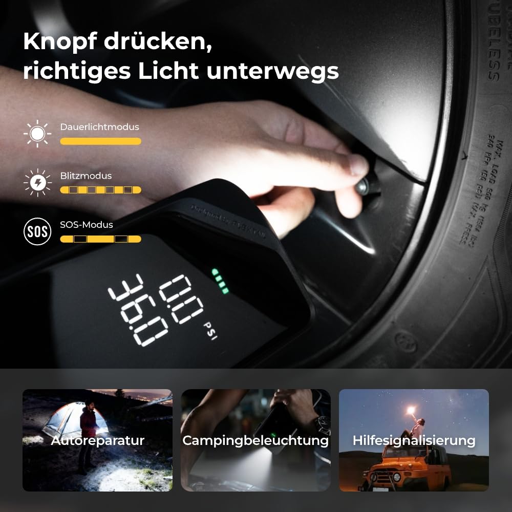 FLEXTAILGEAR Elektrische Luftpumpe, Akku Fahrradpumpe, 150PSI Tragbare Fahrrad Pumpe, 12V DC & USB‑C Mini Kompressor für Auto, Motorrad, Fahrrad, Bälle, mit LED-Licht, 6000mAh Powerbank