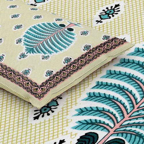 Image of Mafatlal 144 TC Sanskriti Cotton King Bedsheet | 90 x 108 Inches | Traditional Print | Long Lasting & Comfortable | 2 Pillow Covers | Yellow Jasper