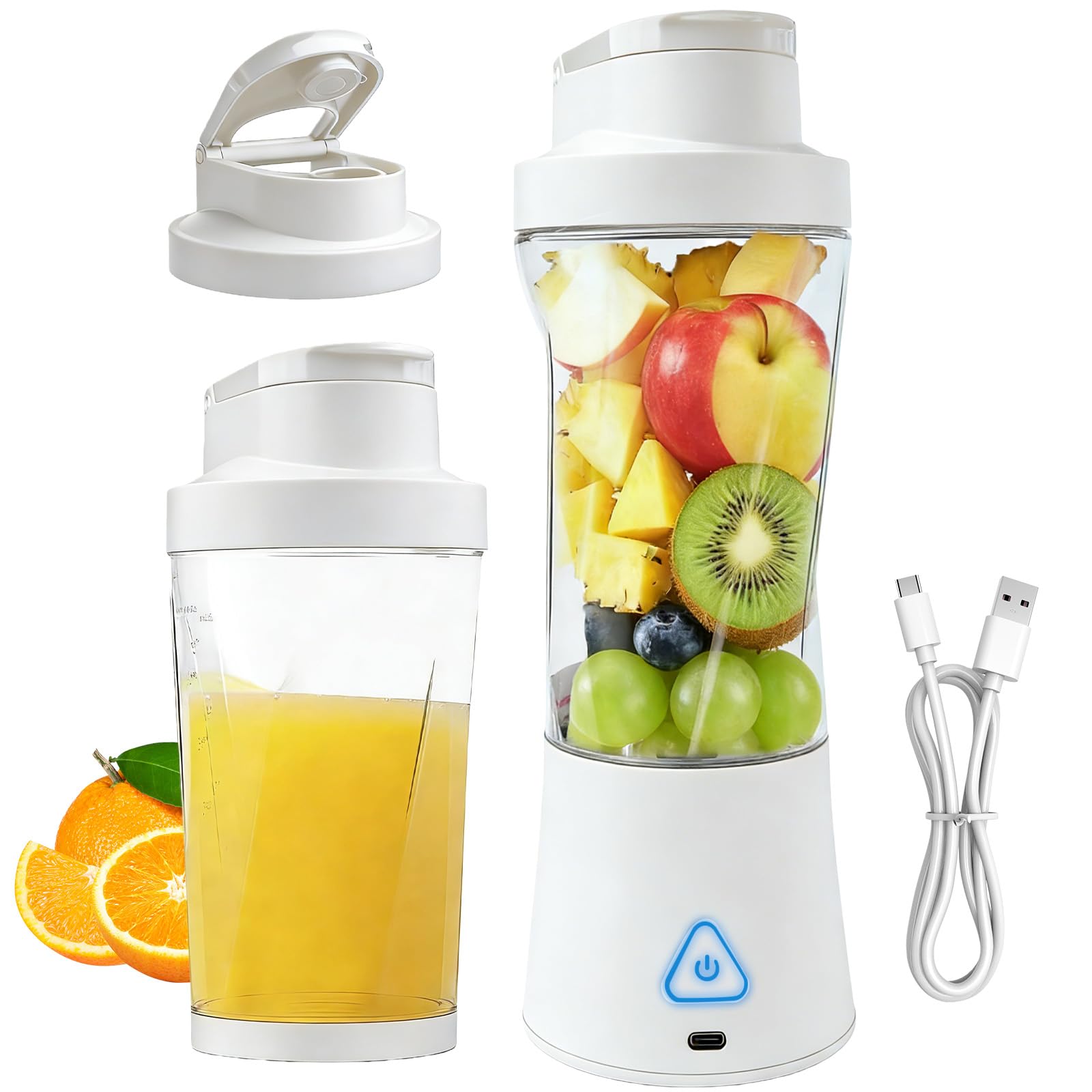 Licuadora portátil de 700 ml para llevar, mini batidora de pie con 6 cuchillas, 6000 mAh, recargable por USB, tapa hermética sin BPA y boquilla para beber, ideal para casa, oficina y viajes, blanco