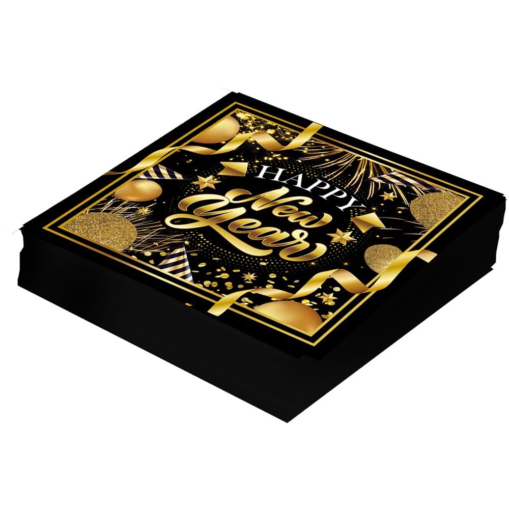 FIESTAS GUIRCA | 20 Disposable Happy New Year Napkins (6.3x6.3 in) - Table Decoration for New Year Parties - Ideal for Events and Celebrations - Black and Gold