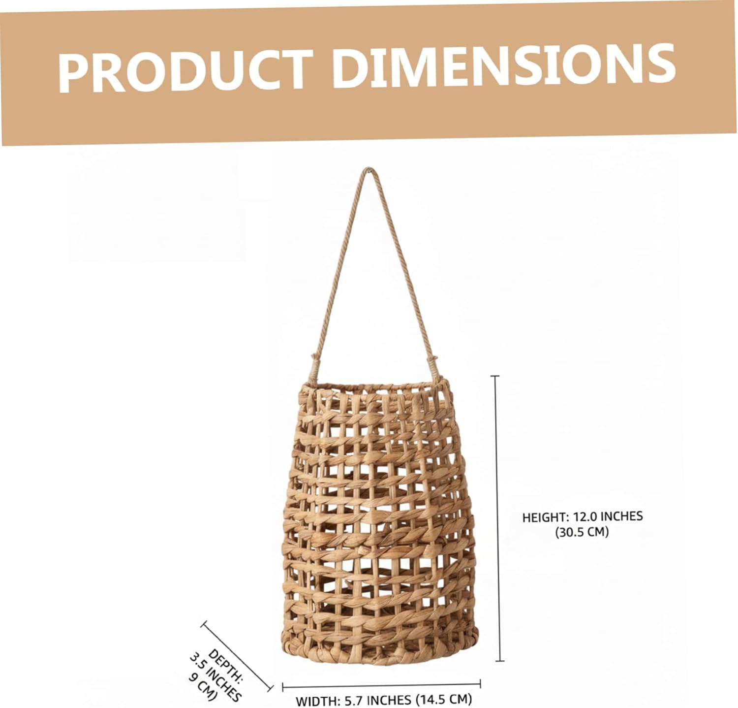 Wicker Hanging Basket, Handwoven Wall Hanging Basket Natural Rattan Wall Baskets Decor Multi-Purpose Storage for Kitchen, Bathroom, Living Room, 6x3.5x12in